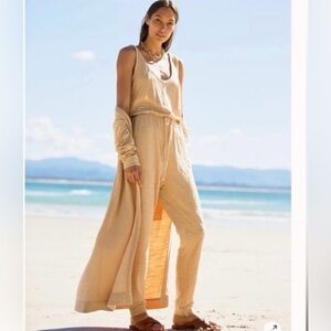 Free People JUMPSUIT and DUSTER Cardigan Set Drawstring Waist Cream size SMALL